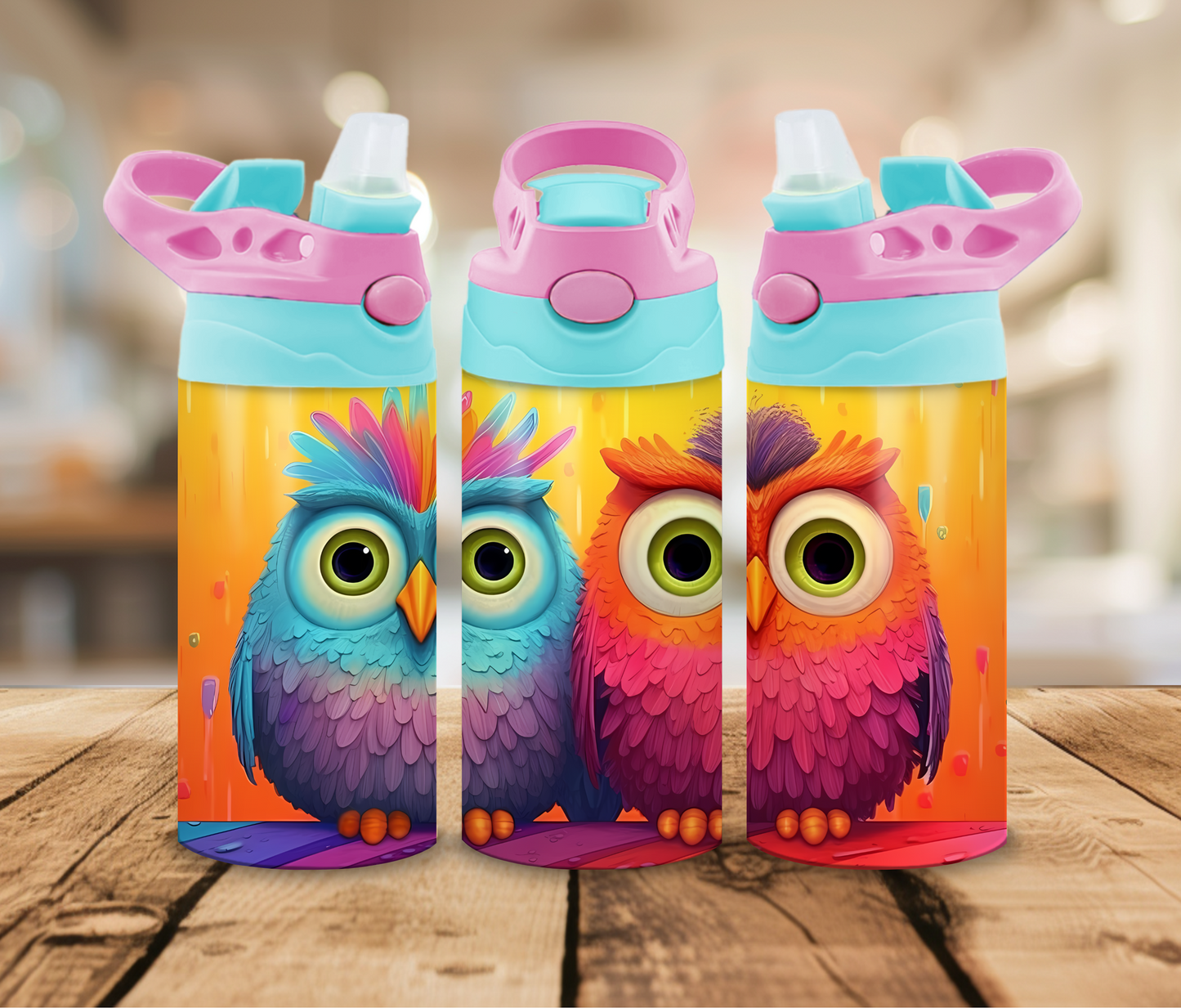 12 oz Sublimated 2 Colourful Owls Design Sippy Cup or Kids Tumbler