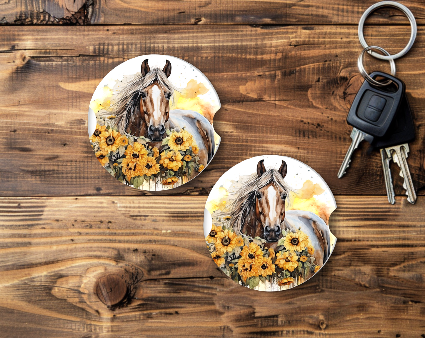 Sublimated Car Coasters - Brown horse with sunflowers