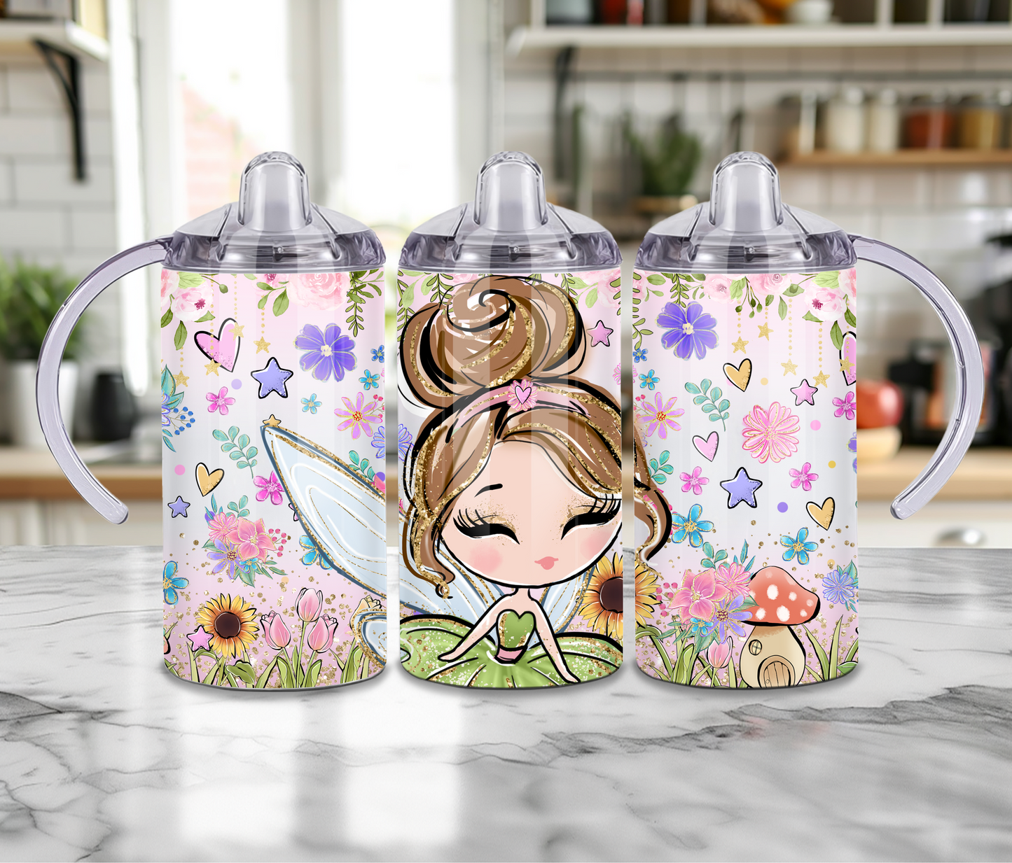 12 oz Sublimated Sippy Cup or Kids Tumbler with Brunette Fairy Design