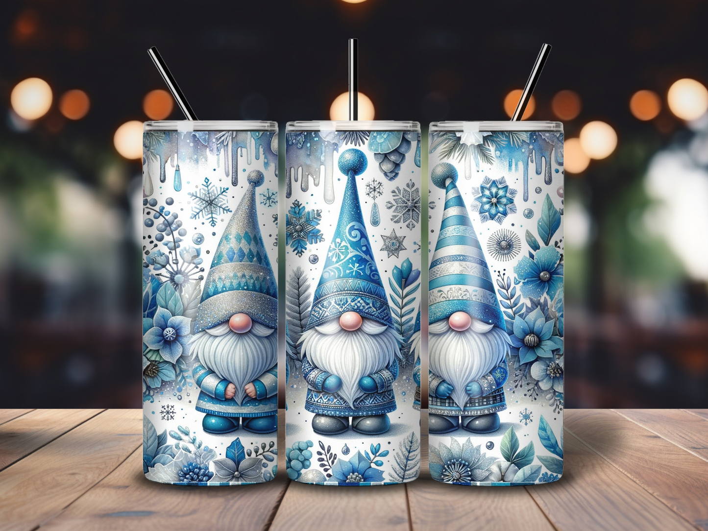 Sublimated 20 oz Tumbler - Christmas Gnomes Blue Tones Design