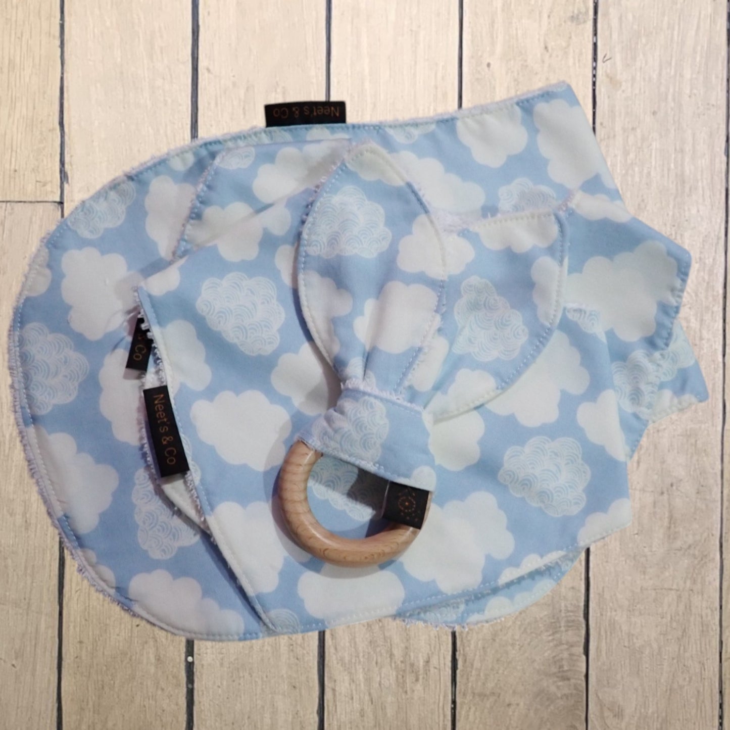 Baby Bib, Bandana Bib, Burp Cloth and Teether - Clouds Design - 3 - 18 months