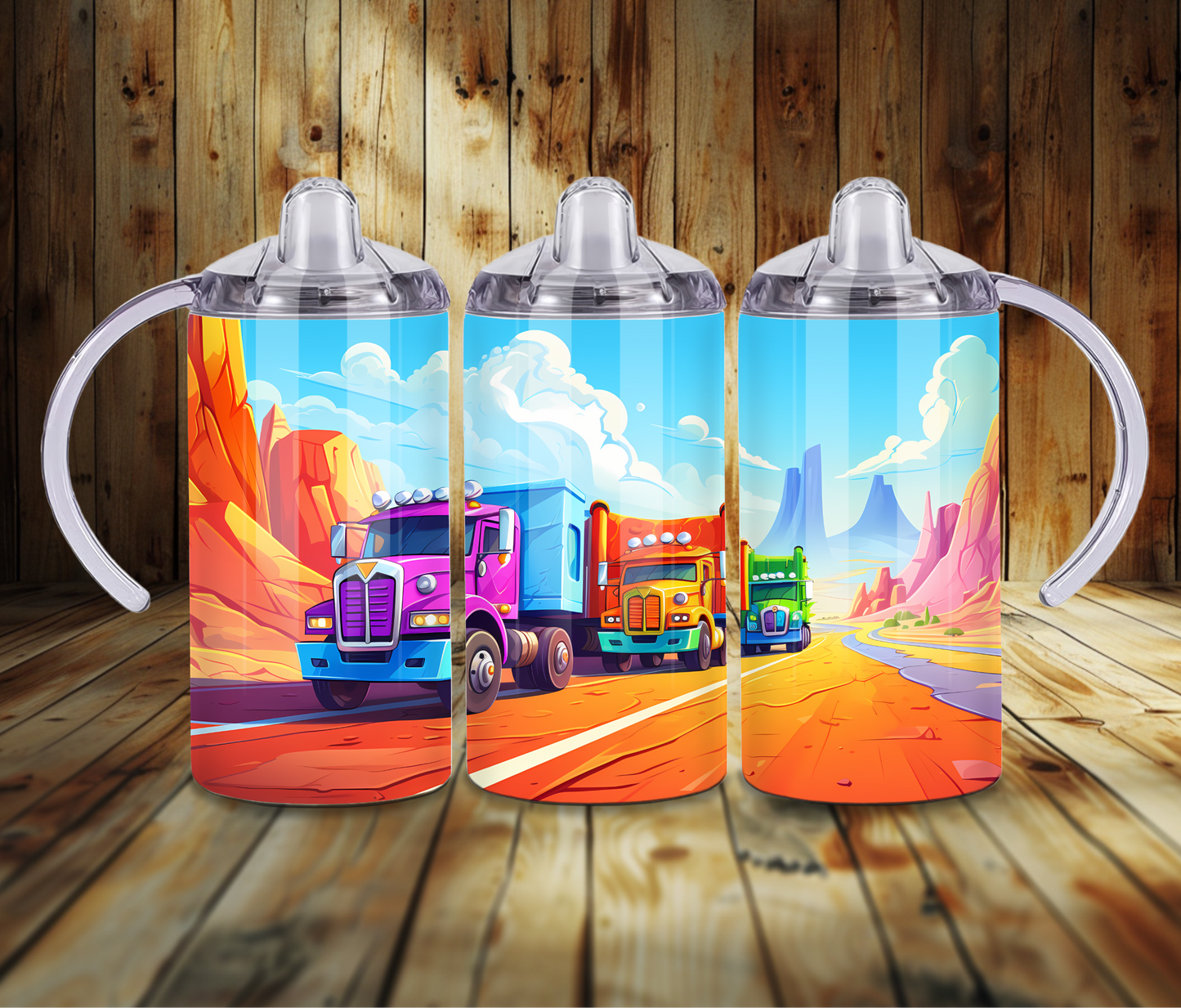 12 oz Sublimated Colourful Semitrailer Trucks Design Sippy Cup or Kids Tumbler