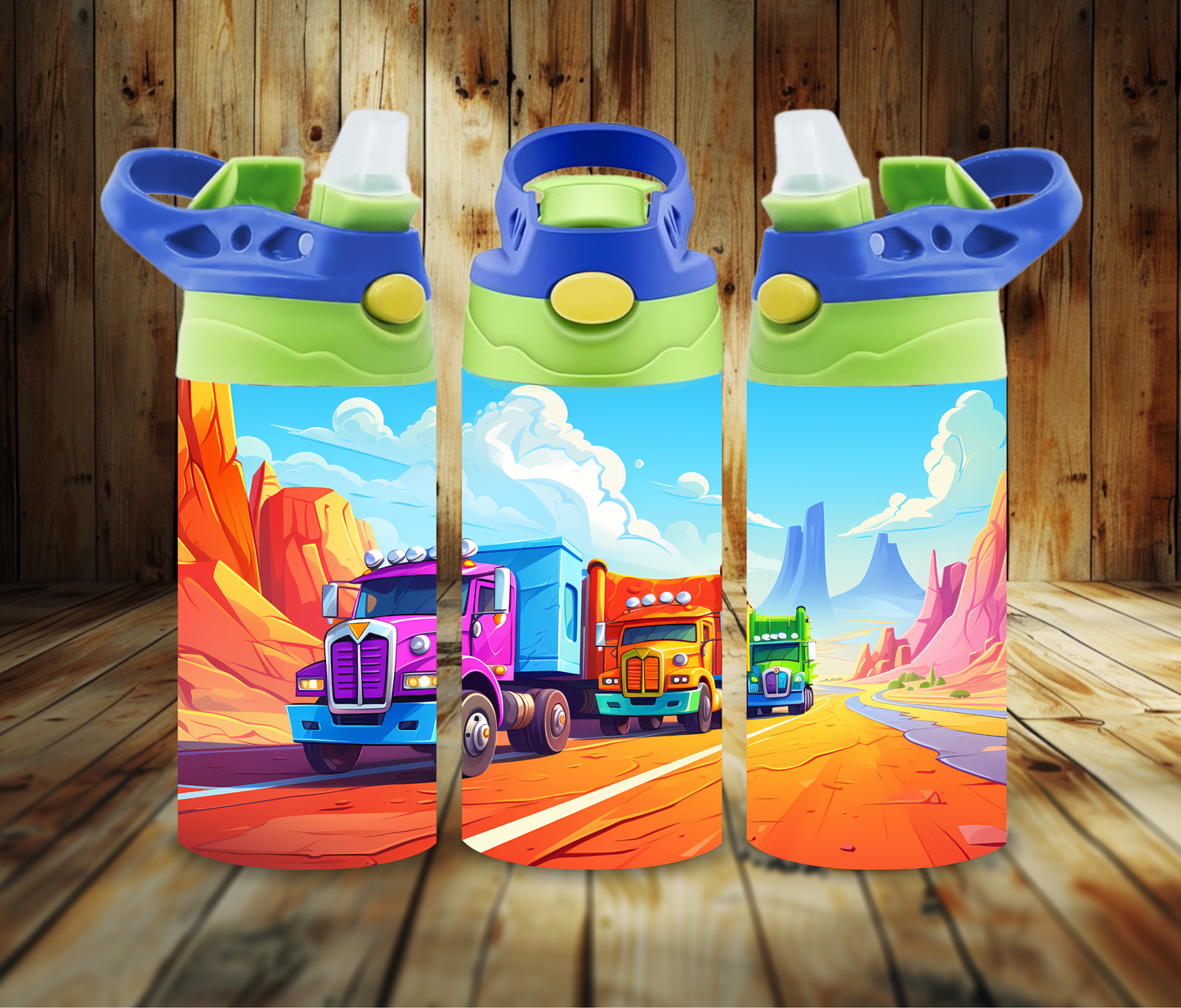 12 oz Sublimated Colourful Semitrailer Trucks Design Sippy Cup or Kids Tumbler