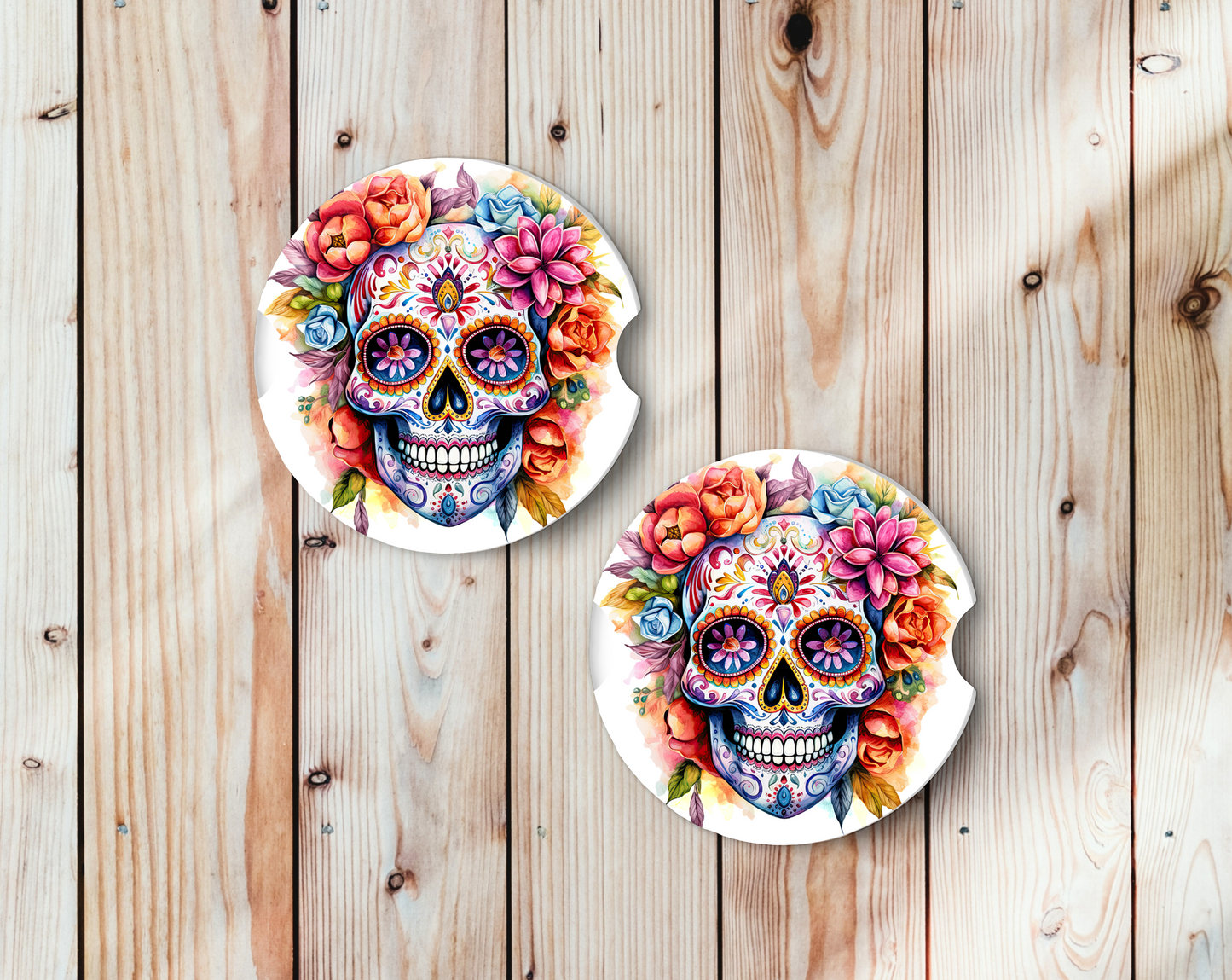 Sublimated Car Coasters - Floral Sugar Skull design