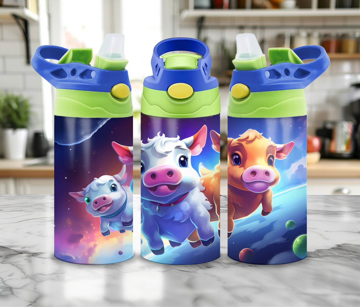 12 oz Sublimated Cows flying in space on Sippy Cup of Kids Tumbler