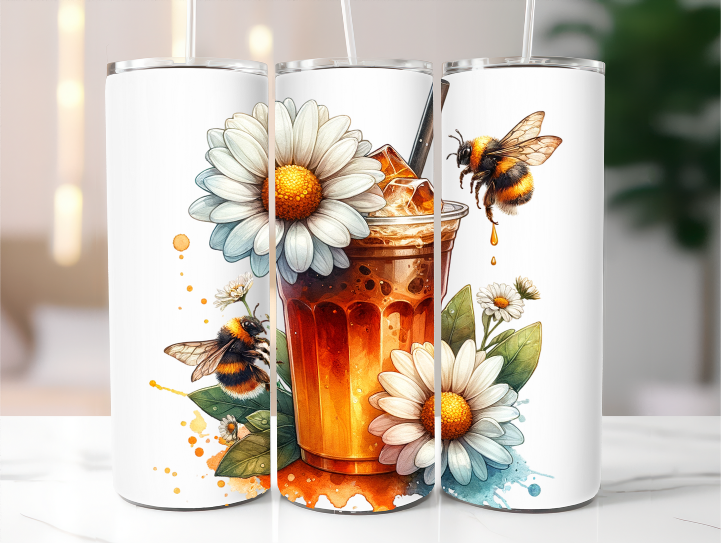 Sublimated 20 oz Tumbler - Daisies, bees and coffee Design