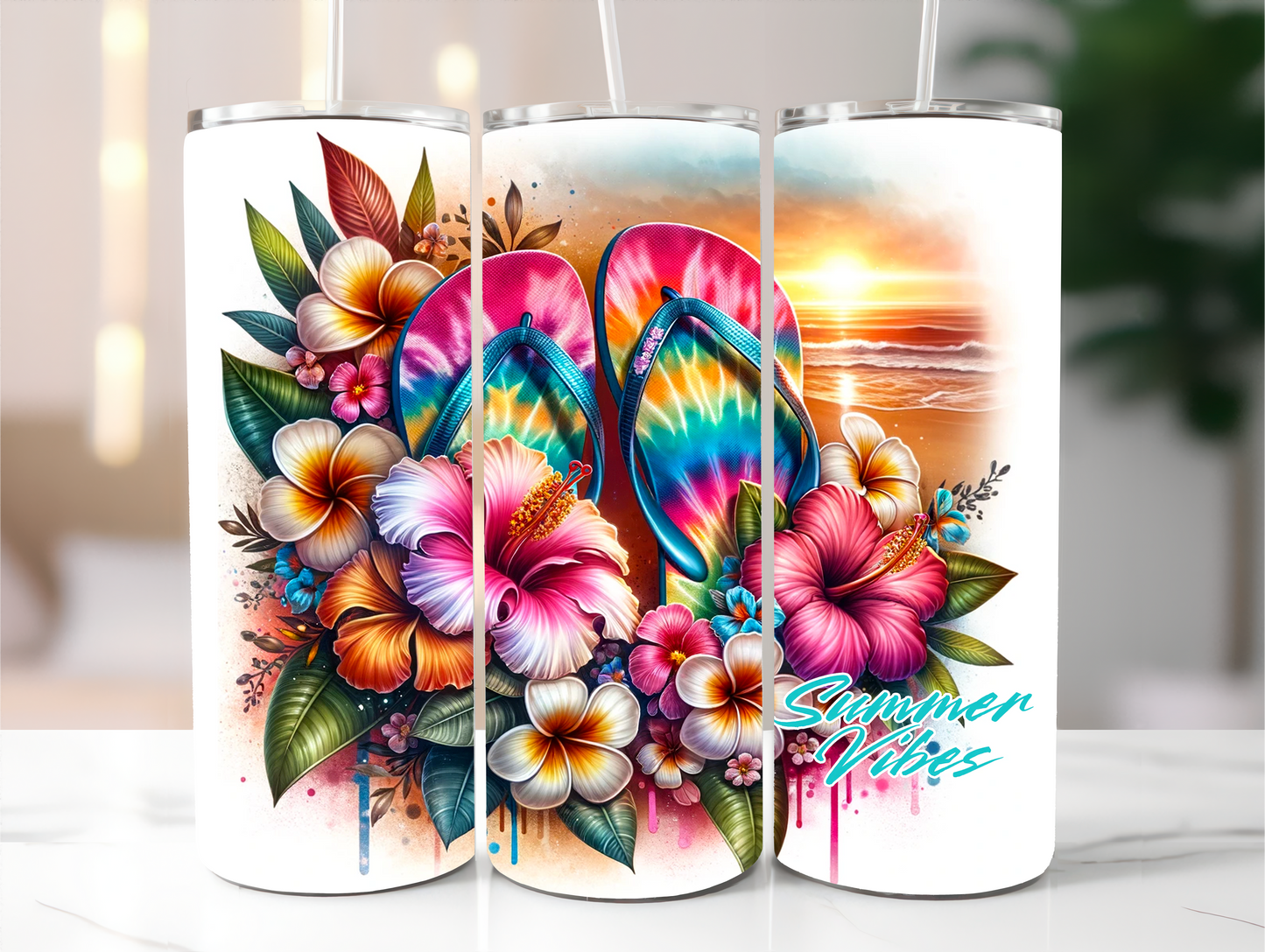 Sublimated 20 oz Tumbler with - colourful Thongs, Sunset and Frangipani flowers