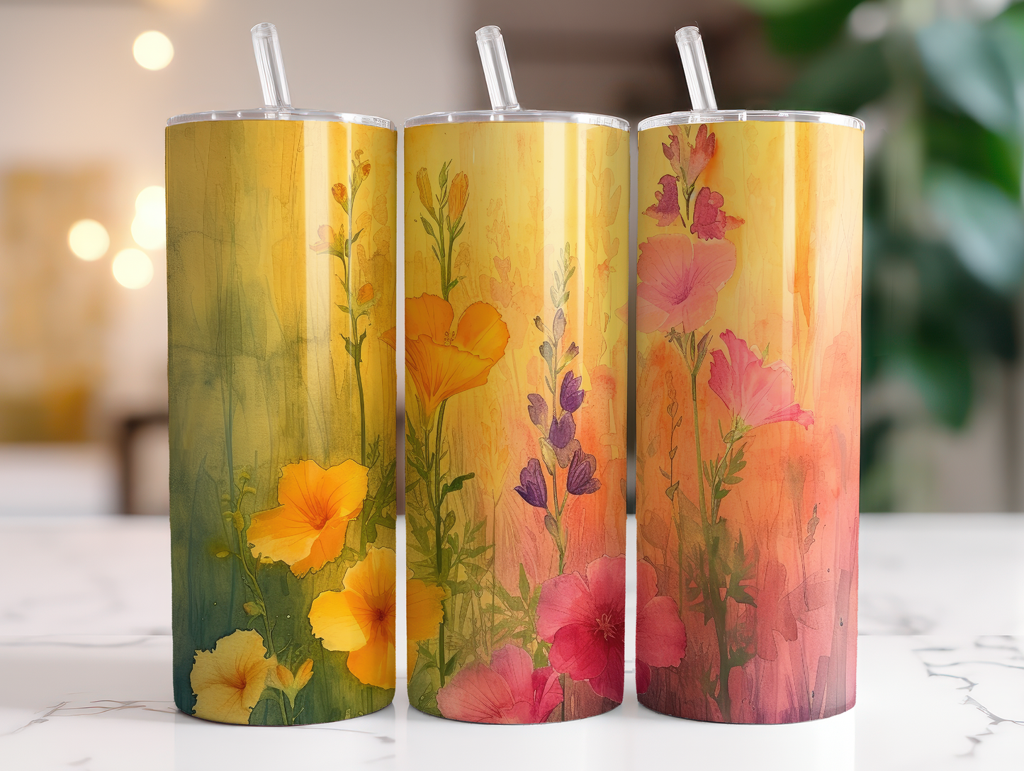 Sublimated 20 oz Tumbler with yellow and pink watercolour flowers