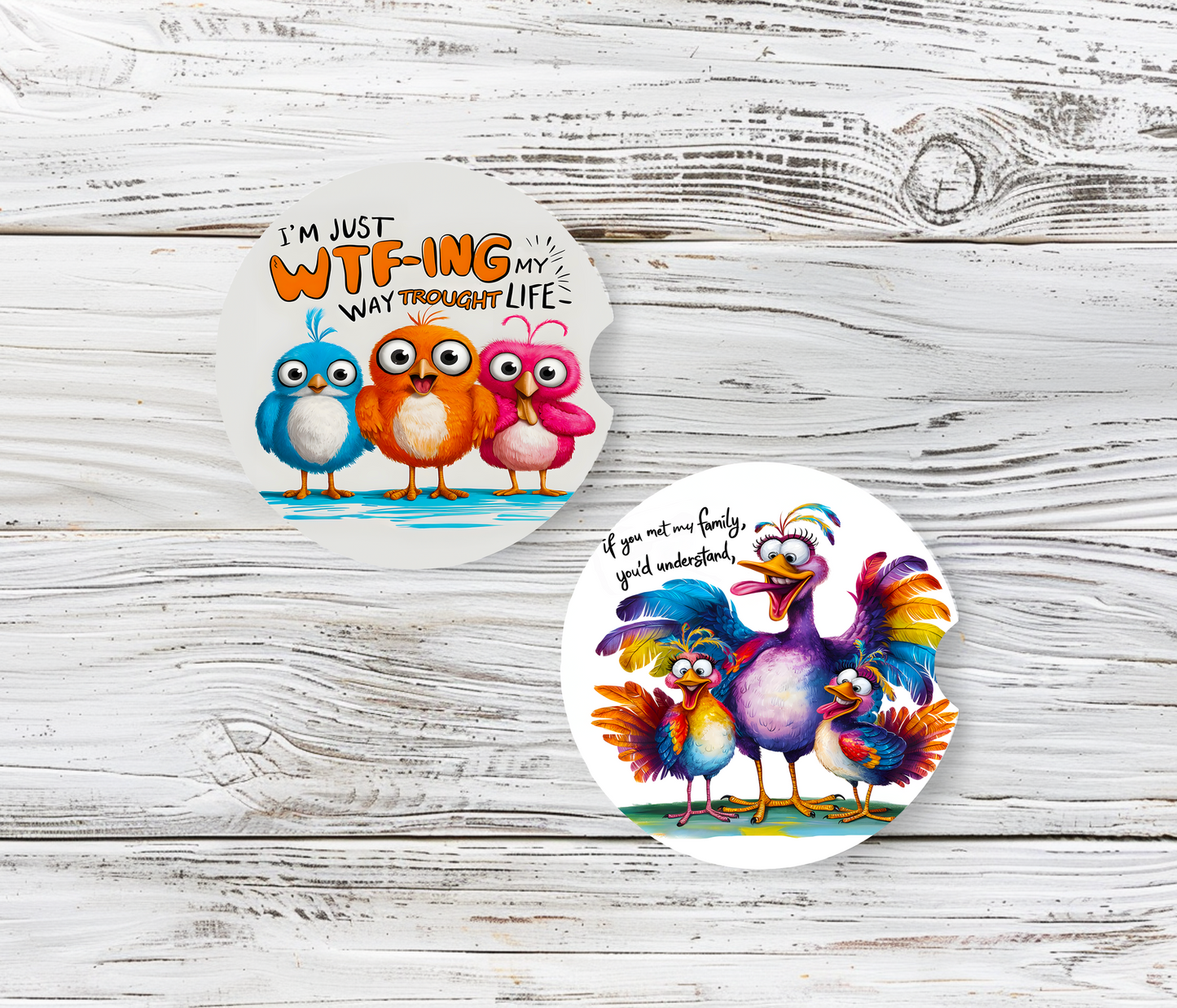 Sublimated Car Coasters - WTF-ING and If you knew my Family design