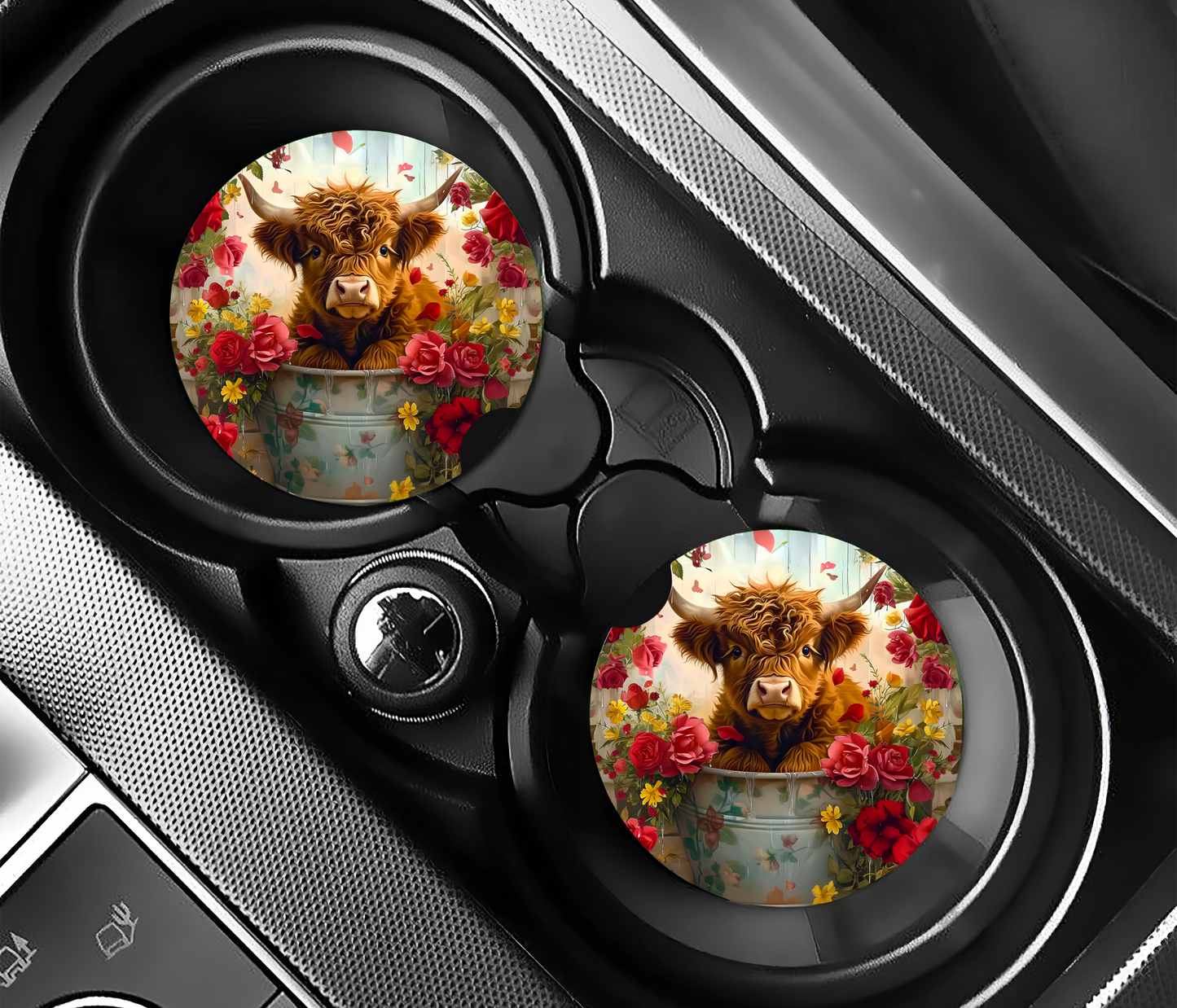 Sublimated Car Coasters - Highland Cow in Bucket with Roses
