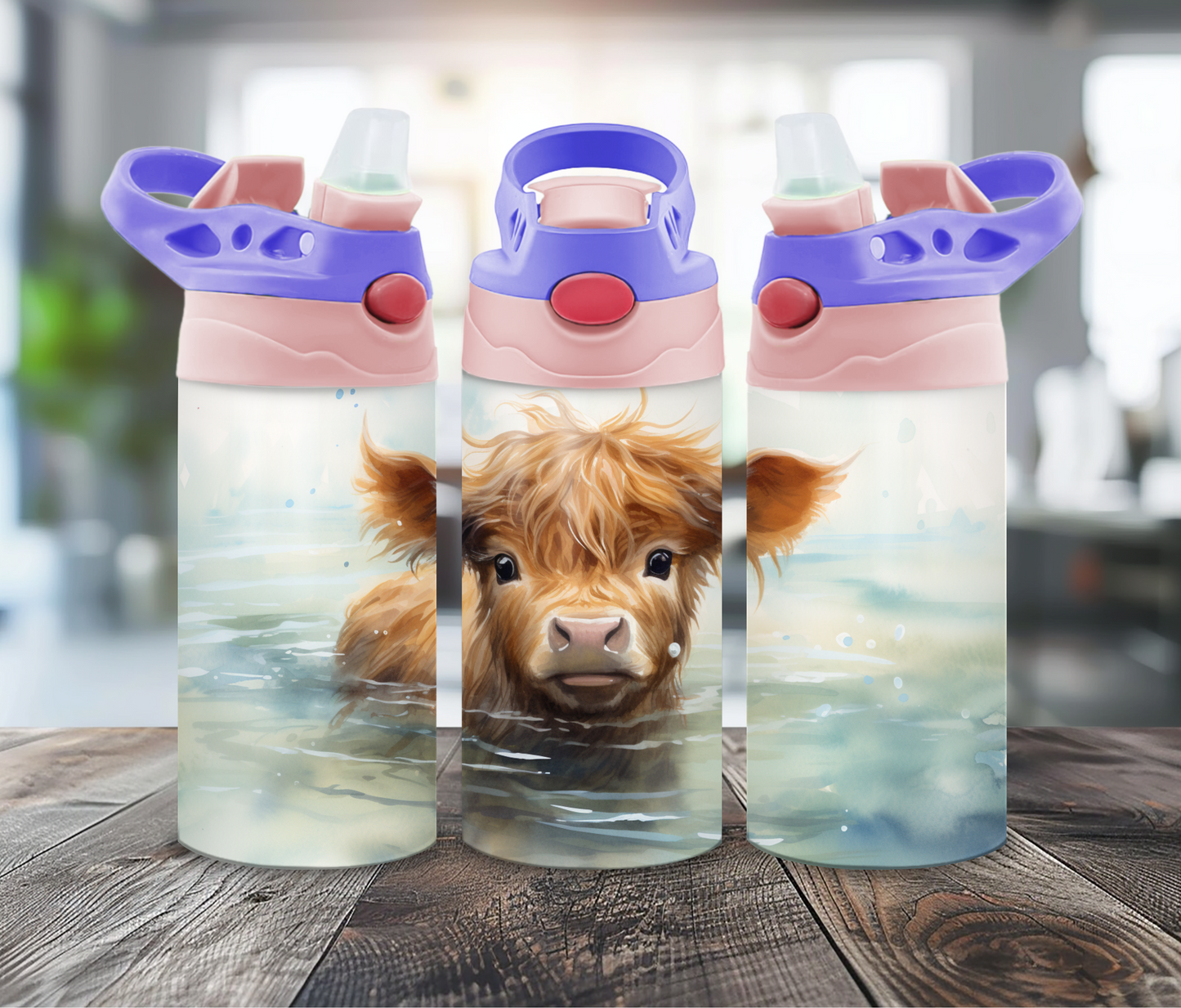 12 oz Sublimated Sippy Cup or Kids Tumbler - Baby Highland Cow Swimming design