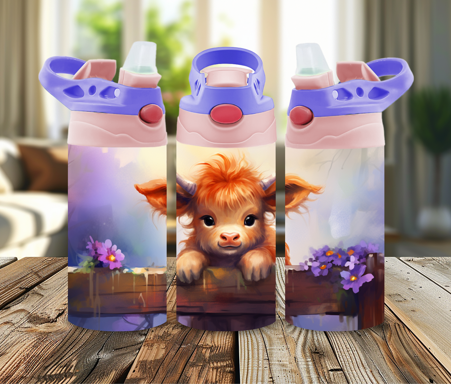 12 oz Sublimated Sippy Cup or Kids Tumbler with Baby Highland Cow and Purple Flowers Design