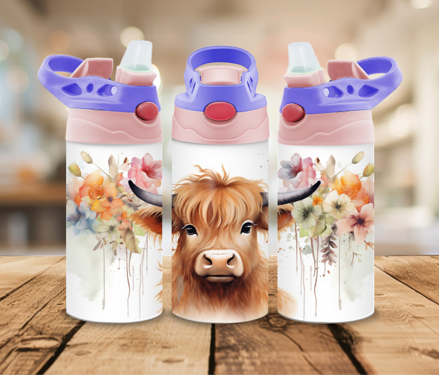 12 oz Sublimated Sippy Cup or Kids Tumbler with a Baby Highland Cow and Water coloured Flowers