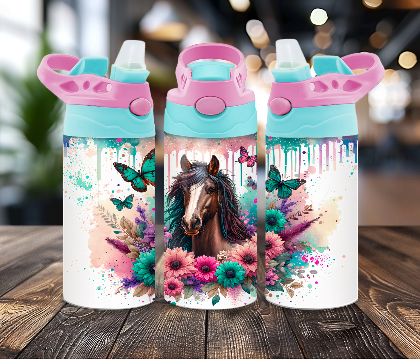 12 oz Sublimated Sippy Cup or Kids Tumbler Horse and Flower Design