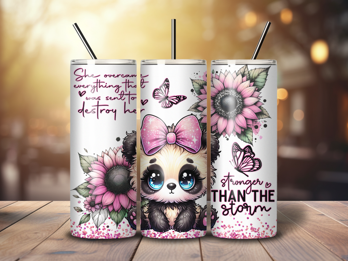 Sublimated 20 oz Tumbler - Pink Panda Affirmation Stronger Than The Storm design