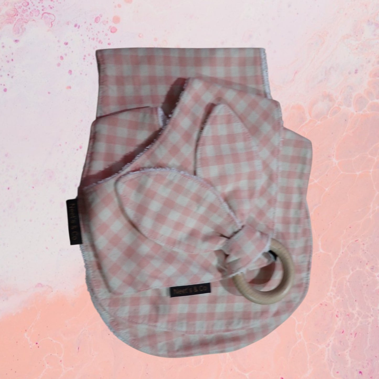 Baby Bib, Bandana Bib, Burp Cloth and Teether - Pinky/Salmon/Cream Check Design 3-18 months