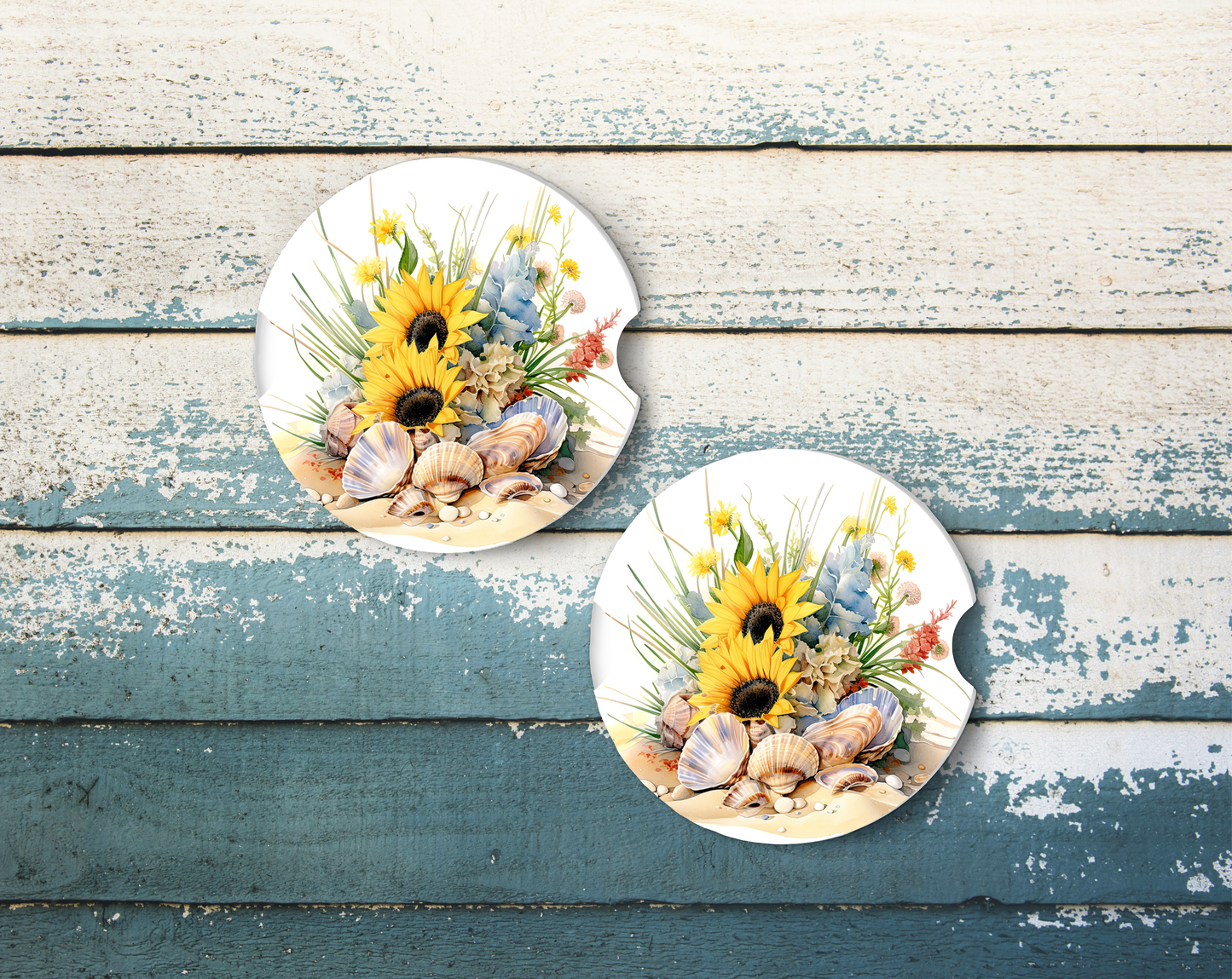 Sublimated Car Coasters - Seashells and flowers design