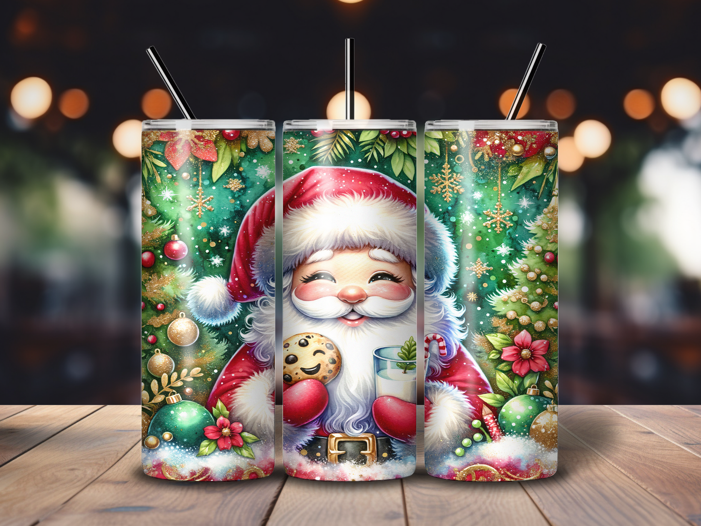 Sublimated 20 oz Tumbler - Smiling Santa green background