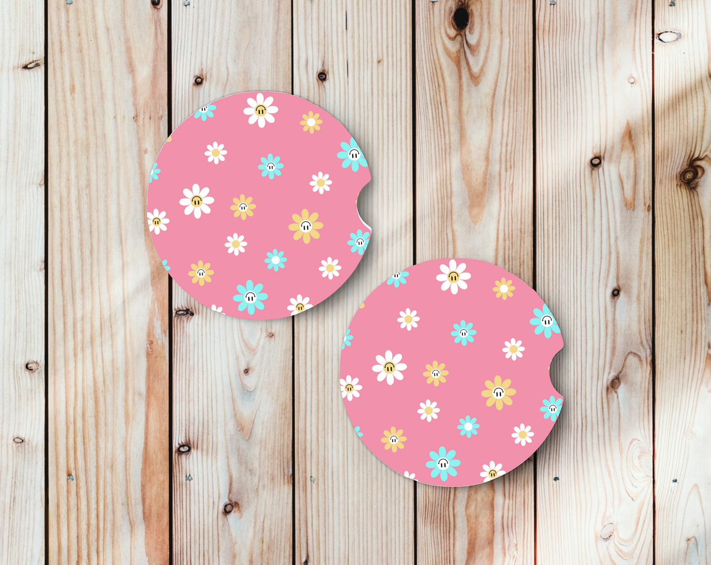 Sublimated Car Coasters - Smiley Flowers
