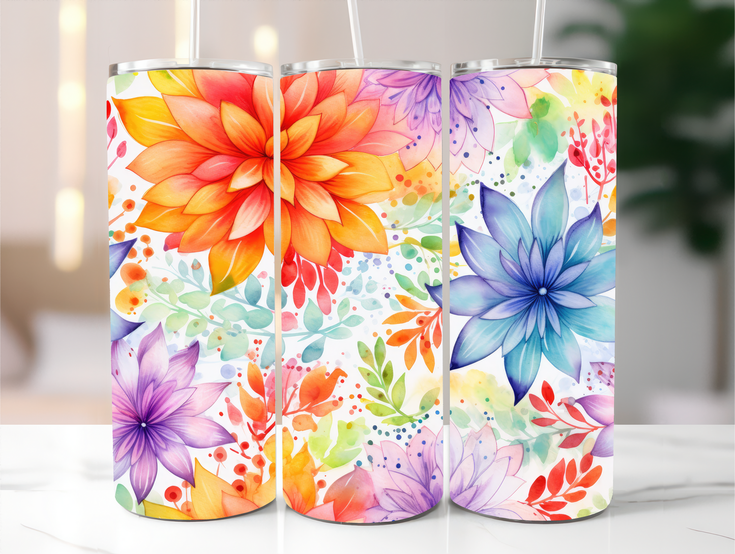 Sublimated 20 oz Tumbler with bright colourful flower design