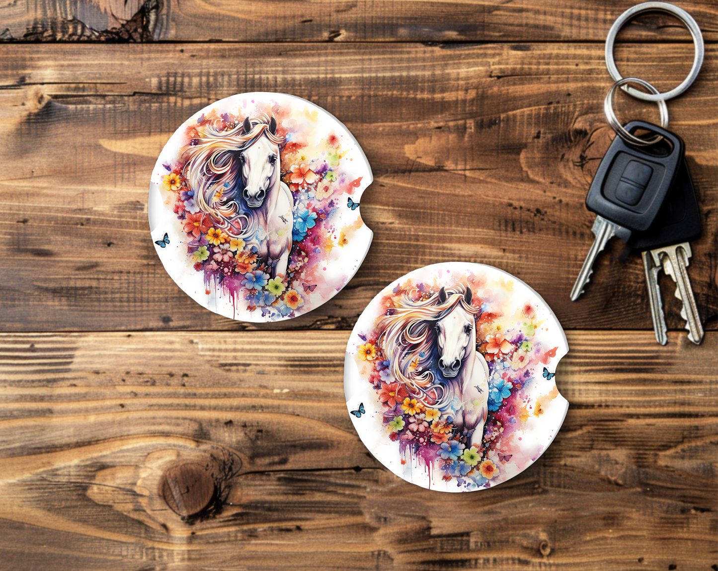 Sublimated Car Coasters - White horse surrounded by colourful flowers