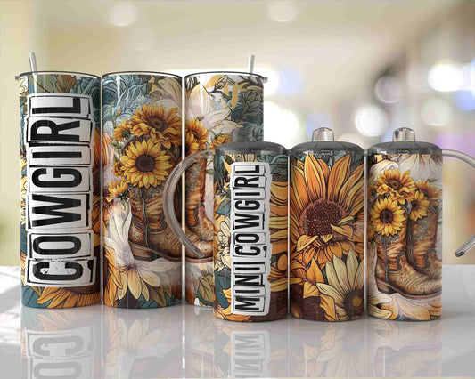 Sublimated Mother Daughter Tumbler Cup Combo with -  Sunflowers and Cowgirl Boots design