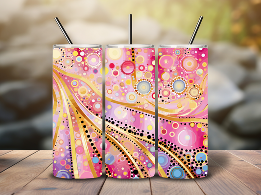 Sublimated 20 oz Tumbler - Aboriginal Designed Rainbow with Gold Circles