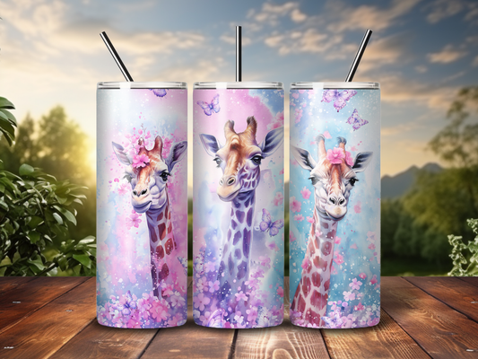 Su7blimated 20 oz Tumbler - Pastel coloured Giraffes with Butterflies and Flowers Design