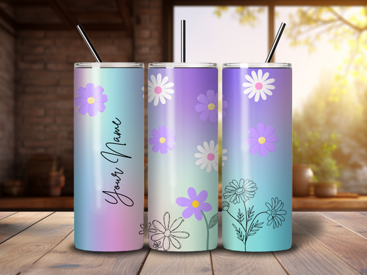 Sublimated 20 oz Tumbler - Personalised Aqua/Lilac background and Daisy flowers Design