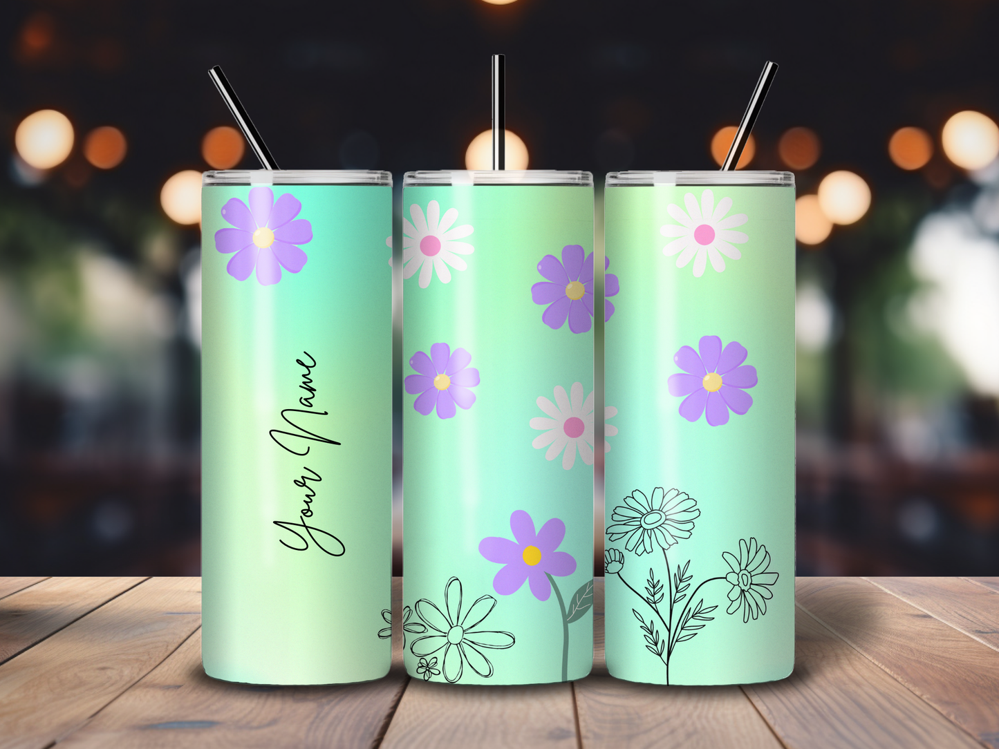 Sublimated 20 oz Tumbler - Personalised Pale Green Background with Purple, Pink and hand drawn Daisies