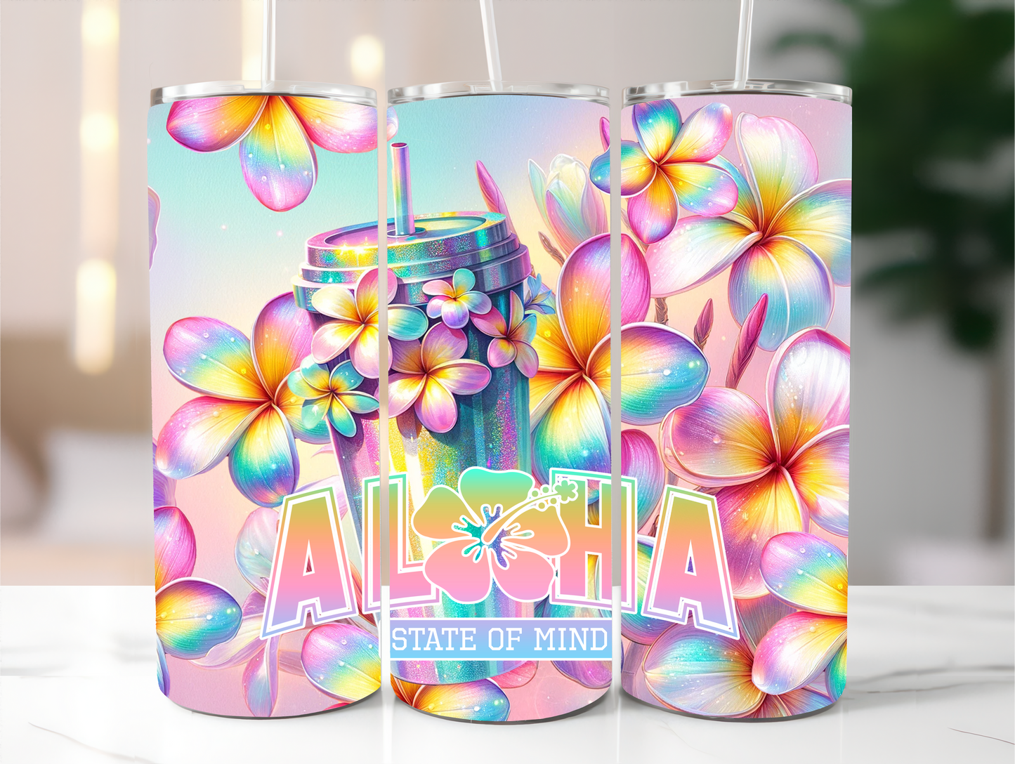 Sublimated 20 oz Tumbler with - Summertime Aloha and Frangipane flowers