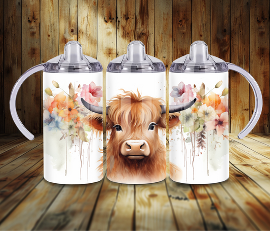 12 oz Sublimated Sippy Cup or Kids Tumbler with a Baby Highland Cow and Water coloured Flowers
