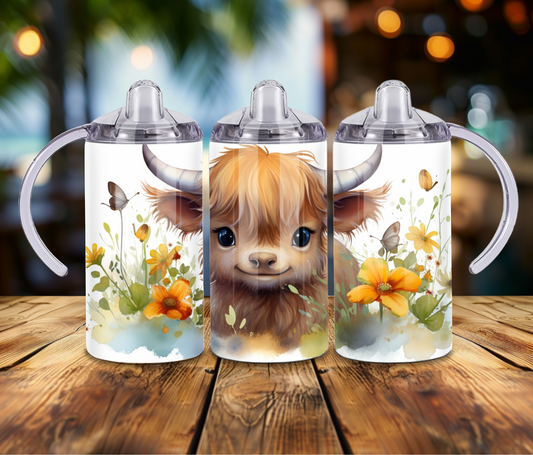 12oz Sublimated Sippy Cup or Kids Tumbler with Baby Highland Cow, Butterflies and Flowers