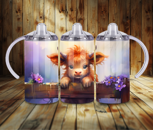12 oz Sublimated Sippy Cup or Kids Tumbler with Baby Highland Cow and Purple Flowers Design