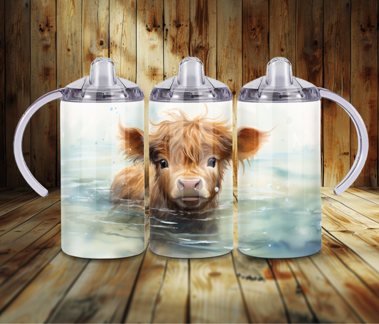 12 oz Sublimated Sippy Cup or Kids Tumbler - Baby Highland Cow Swimming design