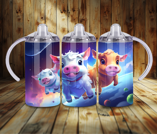 12 oz Sublimated Cows flying in space on Sippy Cup of Kids Tumbler