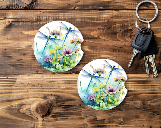 Sublimated Car Coasters - Dragonflies with flowers design