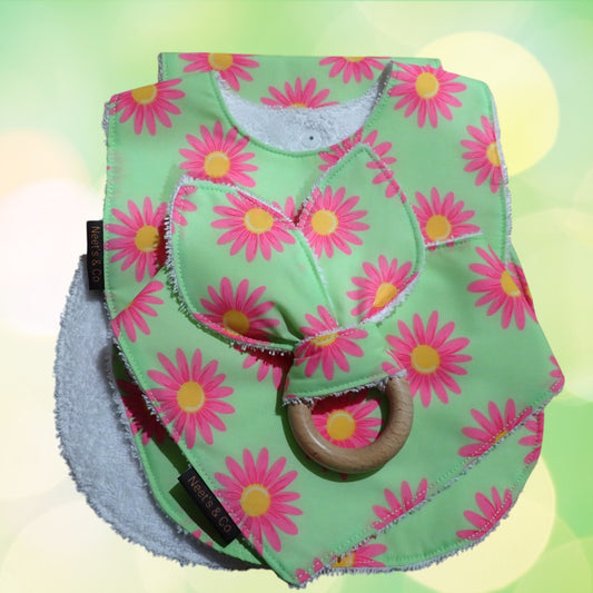 Baby Bib, Bandana Bib, Burp cloth and Teether Bright Pink flower design 3 - 18 months