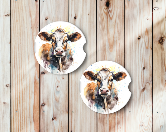 Sublimated Car Coasters - White and Brown Cow with Watercolour drips