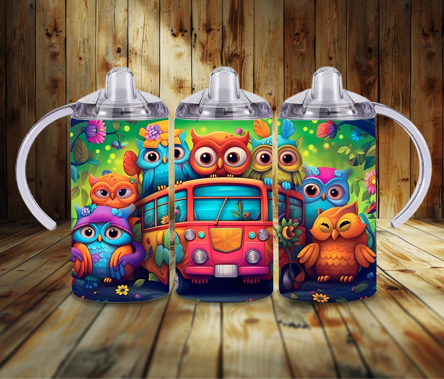 12 oz Sublimated Bus of Colourful Owls on Sippy Cup or Kids Tumbler
