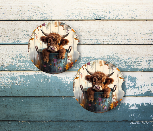 Sublimated Car Coasters - Baby Highland Cow in a Bucket with a White Background