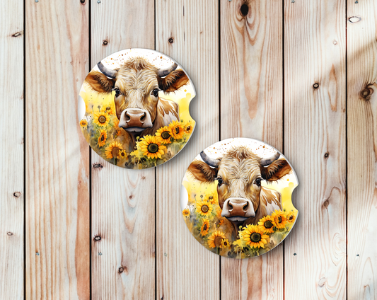 Sublimated Car Coasters - Caramel and cream spotted cow with sunflowers design