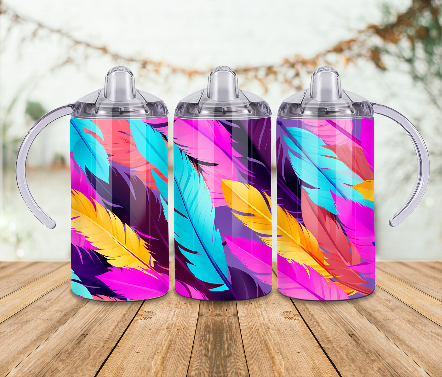 12 oz Sublimated Feathers Design Sippy Cup or Kids Tumbler