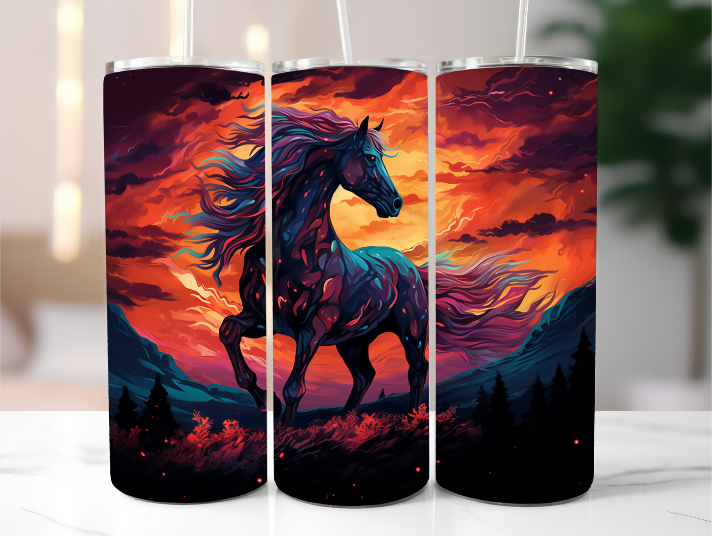 Sublimated 20 oz Tumbler with - Multicoloured horse with sunset background design