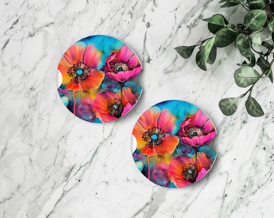 Sublimated Car Coasters - colourful poppies design