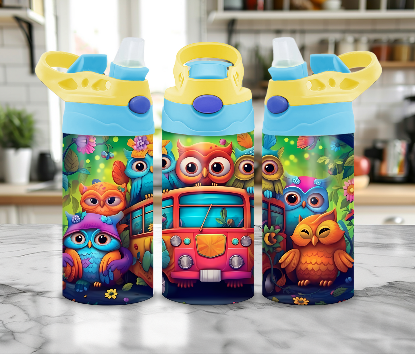 12 oz Sublimated Bus of Colourful Owls on Sippy Cup or Kids Tumbler