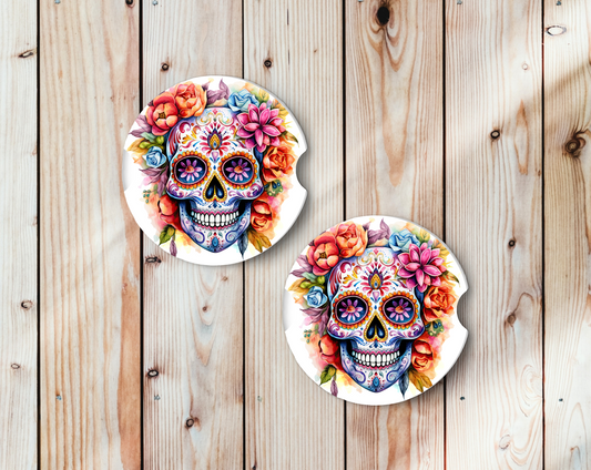Sublimated Car Coasters - Floral Sugar Skull design