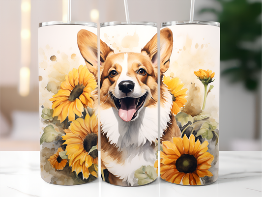 Sublimated 20 oz Tumbler - Corgi and Sunflowers Design