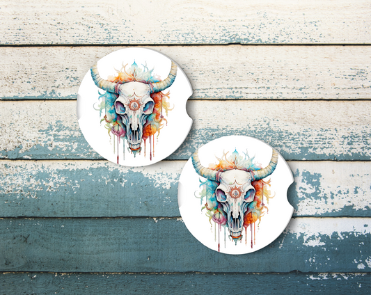 Sublimated Car Coasters - Cow skull and flowers design