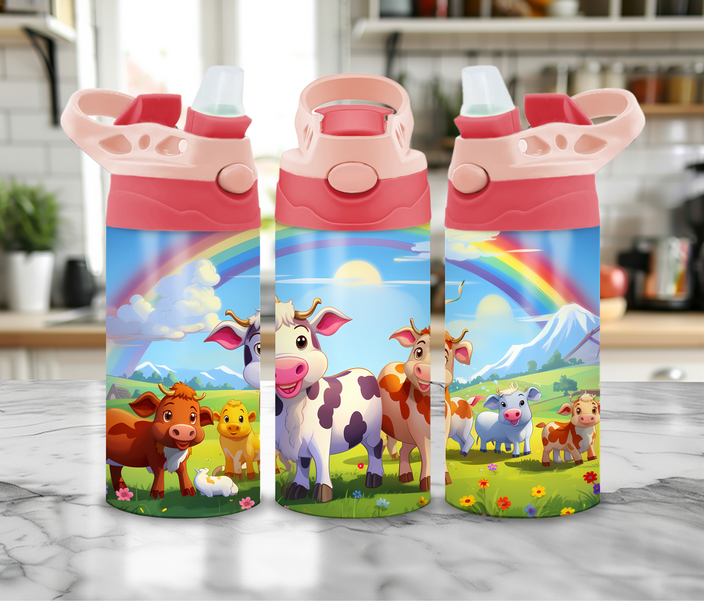 12 oz Sublimated Cows under a Rainbow Design Sippy Cup or Kids Tumbler